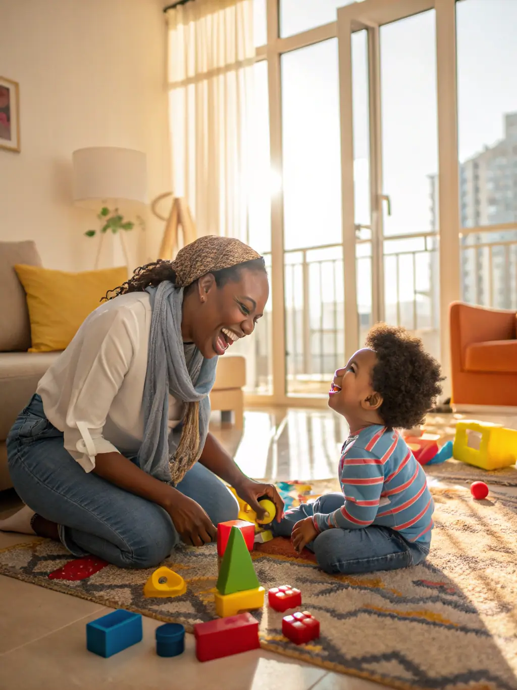 A high-quality image of an Ethiopian domestic worker assisting with childcare in a bright and cheerful Abu Dhabi apartment.