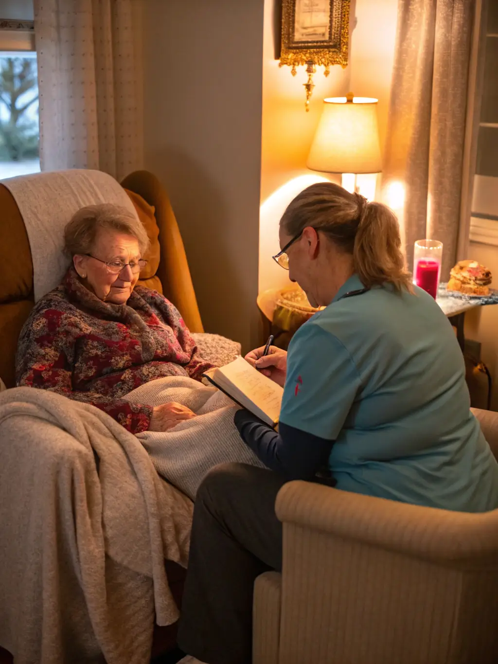 A serene image of an Indian domestic worker providing attentive care to an elderly person in a comfortable Abu Dhabi home setting.