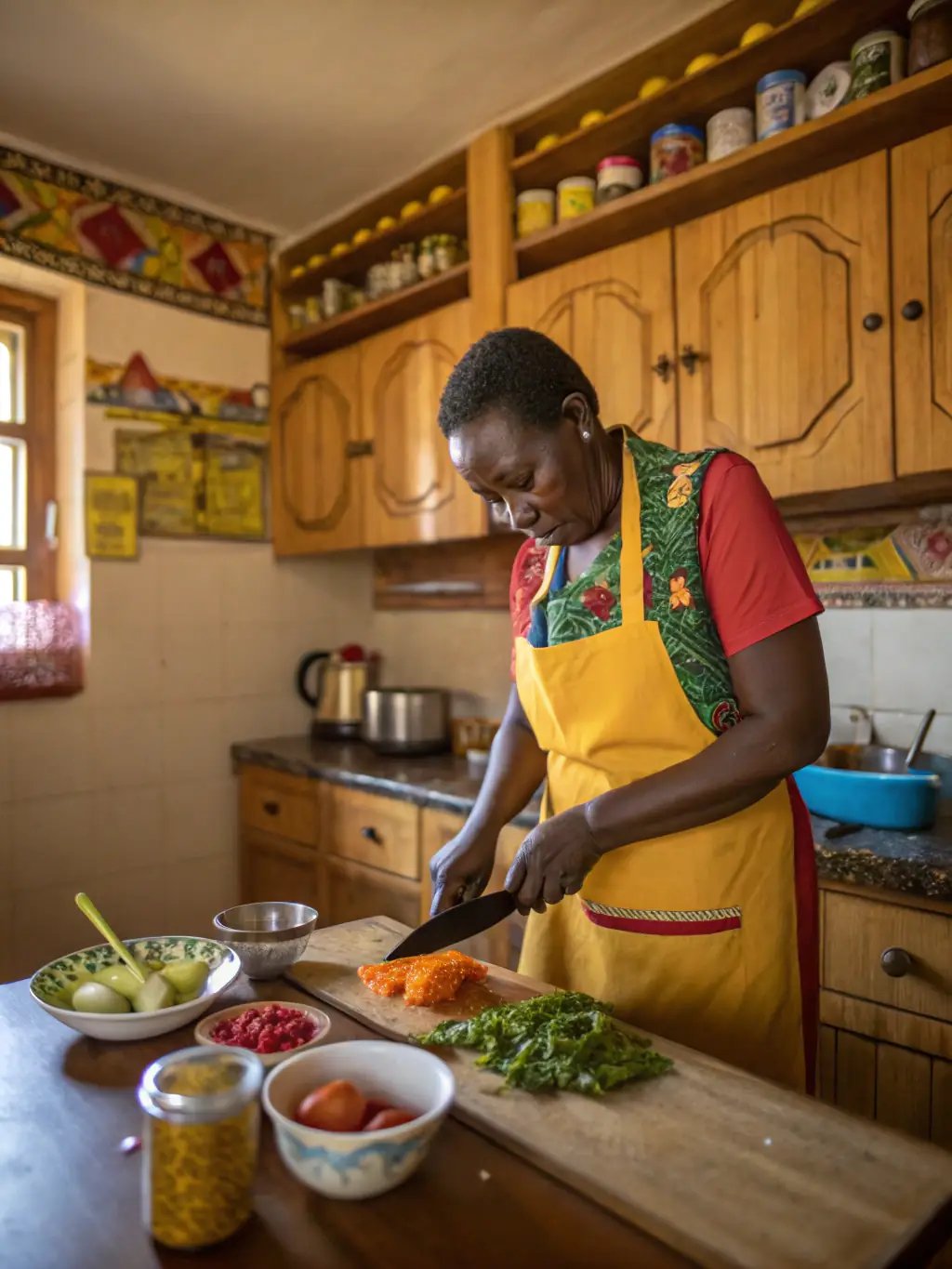 A vibrant photo of a Ugandan domestic worker preparing a traditional meal in an Abu Dhabi kitchen, highlighting her culinary skills.