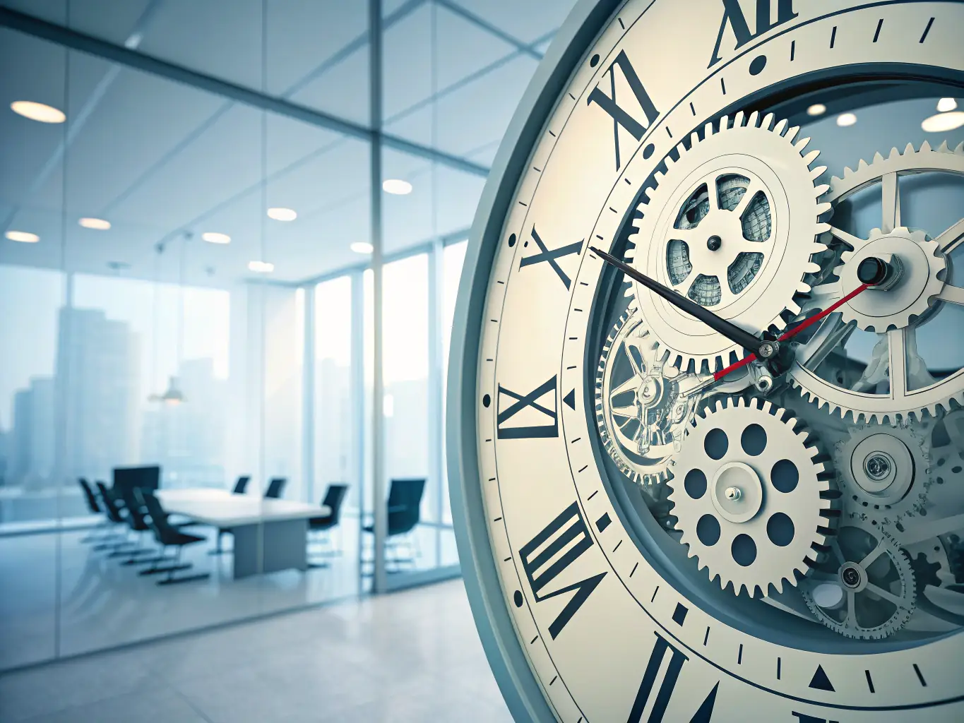 A digital illustration of a clock with gears inside, symbolizing efficiency, surrounded by icons representing various domestic tasks, such as cleaning, cooking, and childcare.