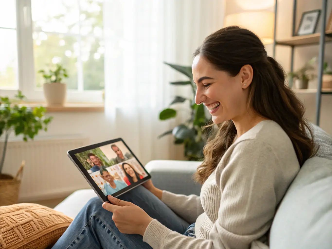 A professionally dressed Lafortune recruitment specialist is consulting with a family in their living room, discussing their domestic staffing needs. The scene conveys trust, understanding, and personalized service.