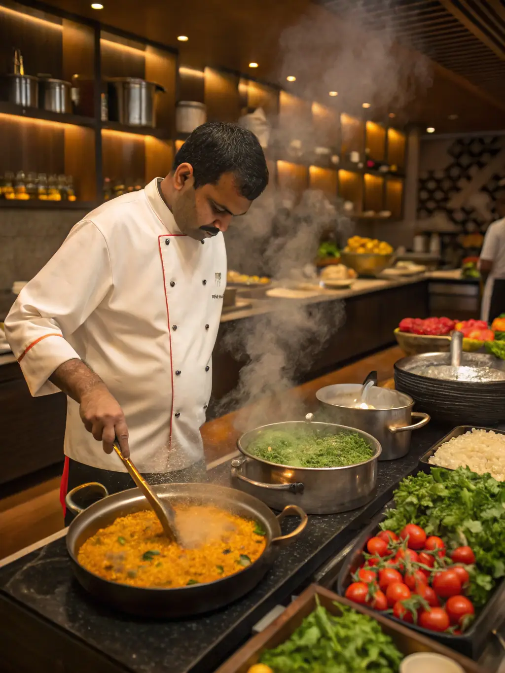 An Indian cook preparing a traditional Emirati dish in a modern kitchen in Abu Dhabi, demonstrating their culinary skills and cultural understanding.