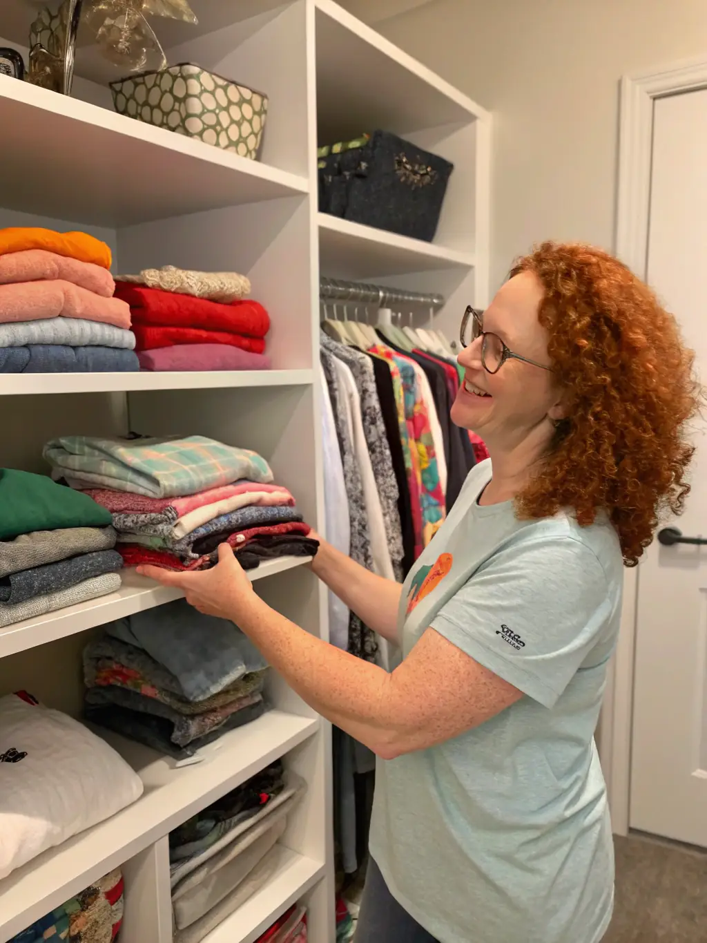 A Ugandan housekeeper organizing a wardrobe efficiently in a well-maintained home in Abu Dhabi, emphasizing their organizational skills.