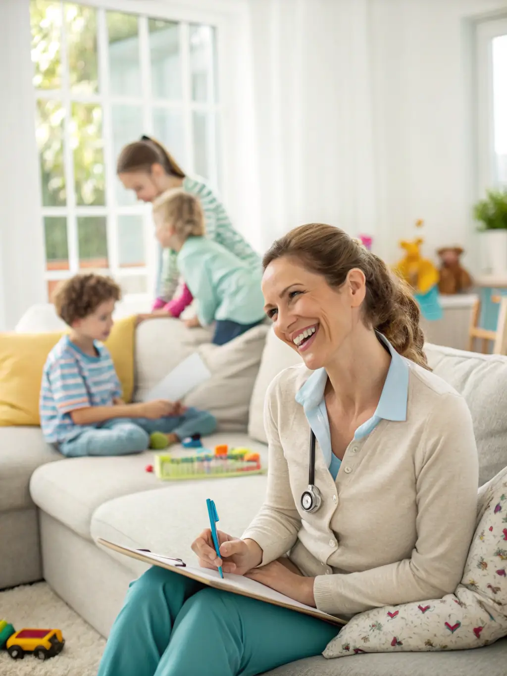 An Ethiopian nanny gently playing with children in a bright and spacious living room in Abu Dhabi, highlighting their caring nature.